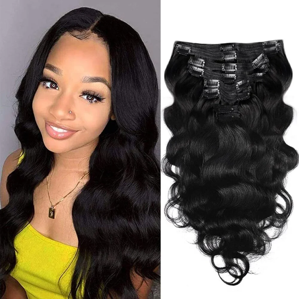Brazilian Clip in Hair Extensions Human Hair 18 Inches Natural Black